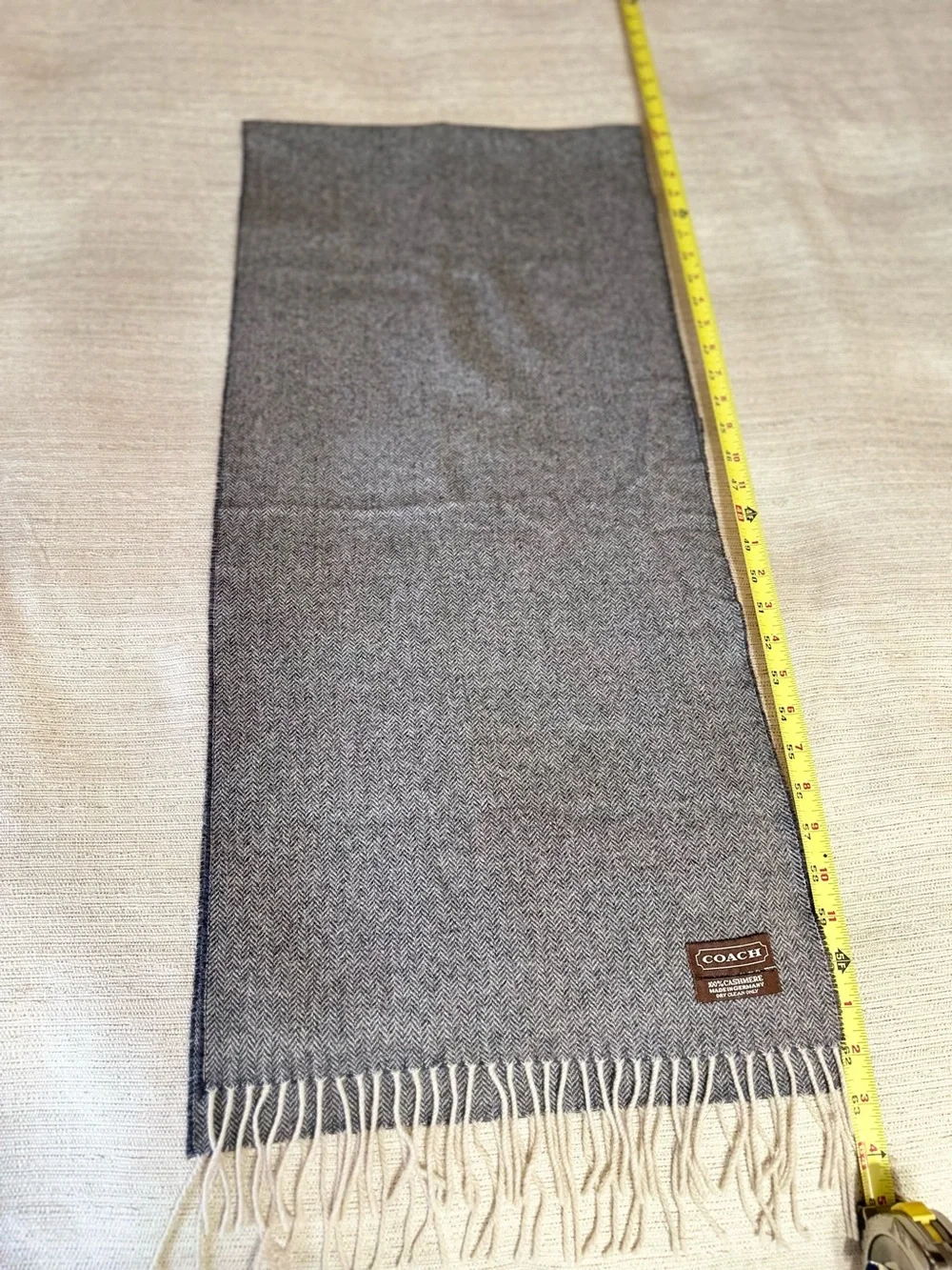 Coach 100% Cashmere Gray Herringbone Fringe Scarf | Made in Germany | Vintage